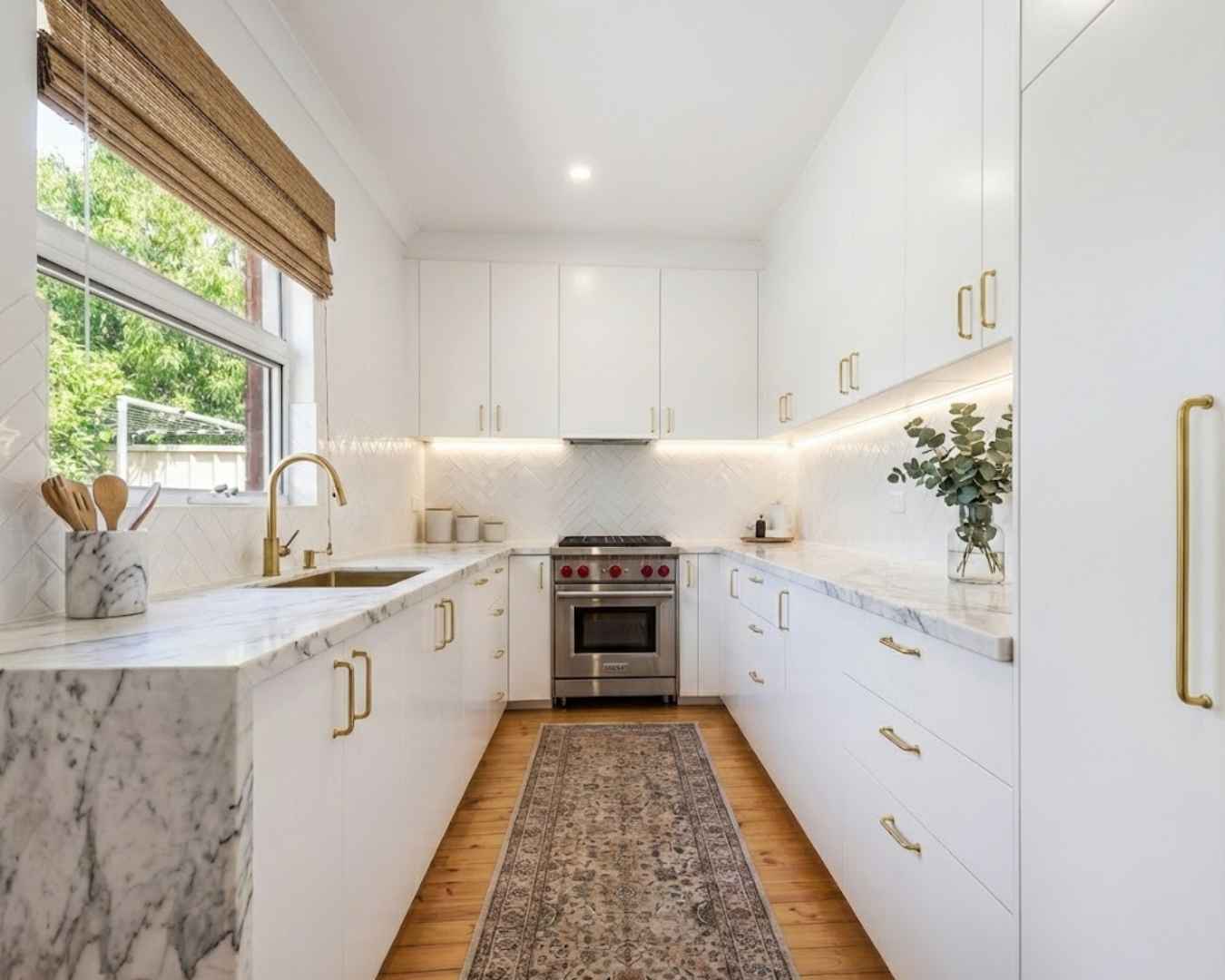 Completed kitchen renovation in Adelaide with custom cabinetry and stone benchtops