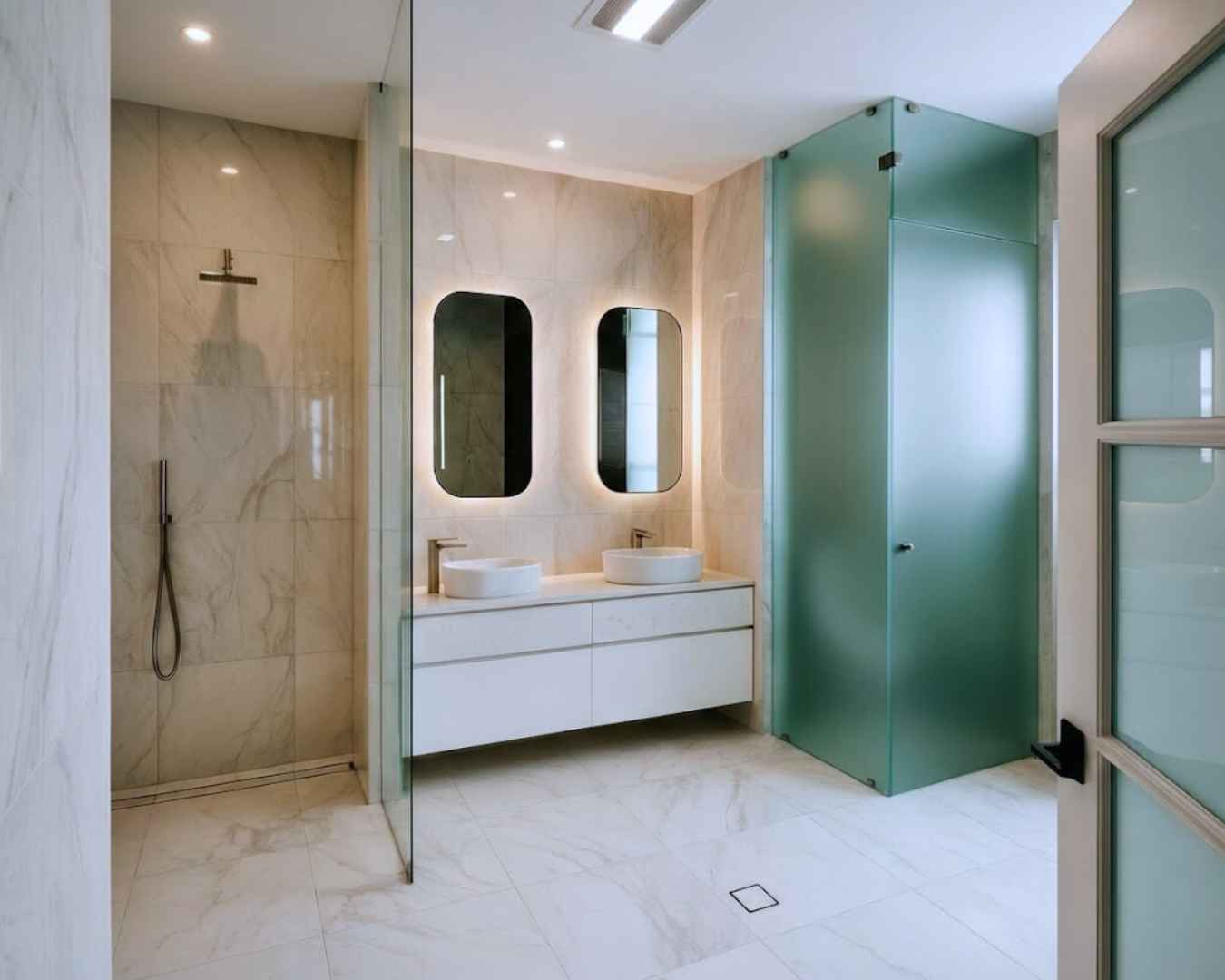 Completed luxury bathroom renovation in Northaven with floor-to-ceiling tiles