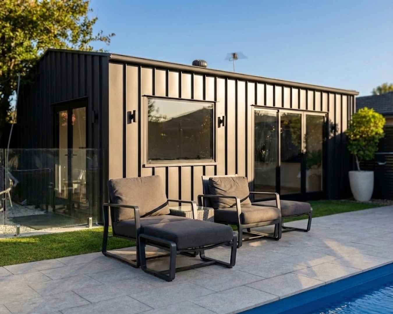 Completed shed conversion into pool house with modern finishes in Adelaide